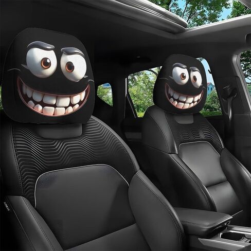 2pcs of Face Printed Car Headrest Covers, Cool and Personalized Protectors, Universally Fitting (Black) in Saudi Arabia