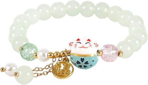 Lucky Cat Bracelet for Women, Maneki Neko Charm Bracelet with Crystal & Cat Pendant Feng Shui Good Luck Jewelry for Wealth & Protection in Saudi Arabia