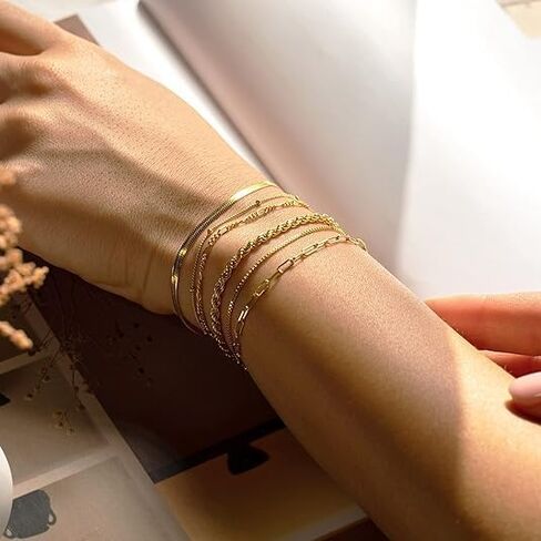 Gold Bracelets for Women-14K Real Gold Jewelry Sets for Women Stack Beaded Chain Bracelet Set, Dainty Gold Stackable Bracelet Fashion Waterproof Jewelry Gift Gold Accessories for Women in Saudi Arabia