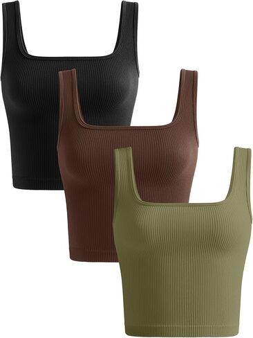 KIKIMINK Womens Crop Tank Tops 3 Pack Seamless Ribbed Sleeveless Square Neck Workout Yoga Gym Shirts Fitted Basic Camisole in Saudi Arabia
