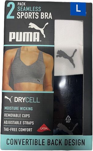 PUMA Ladies Sports Bra, Medium Impact, Convertable Back Design, Moisture Wicking, Removable Cups, 2-Pack (US, Alpha, Small, Regular, Regular, Black/White) in Saudi Arabia