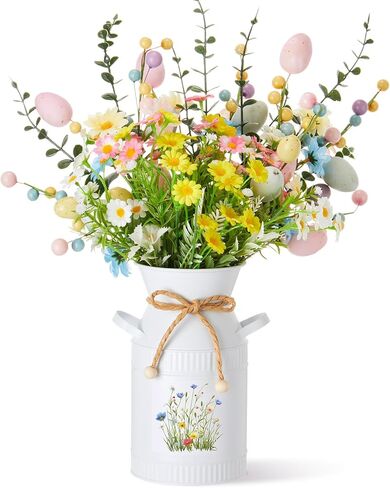 Yinder 7 Pcs Easter Artificial Flower Centerpiece Decoration with Vase, Daisy Bouquet Faux Egg Berry Pick, Spring Floral Arrangement for Party Home(Green,Easter) in Saudi Arabia