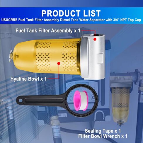 Fuel Canister 3/4" NPT Top Cap 496 Bowl Tank Replacement for Gasoline and Diesel Water Separate 30 Micron Filtration Max 25 Gpm 150 Psi Flow Replace# B10-AL Oil Filter Assembly with Wrench in Kuwait