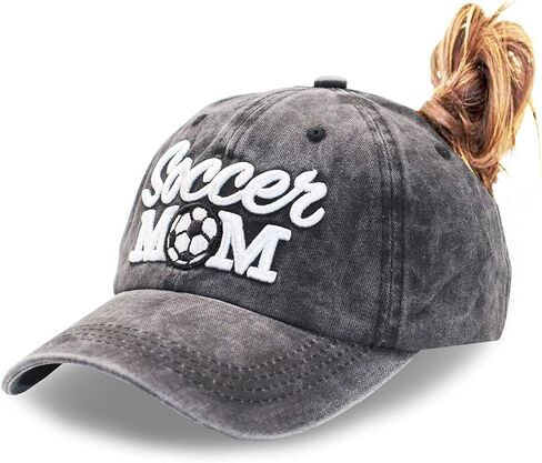 Soccer Mom Ponytail Baseball Cap Messy Bun Vintage Washed Distressed Twill Plain Hat for Women (Soccer Mom 3D Black, One Size) in Saudi Arabia
