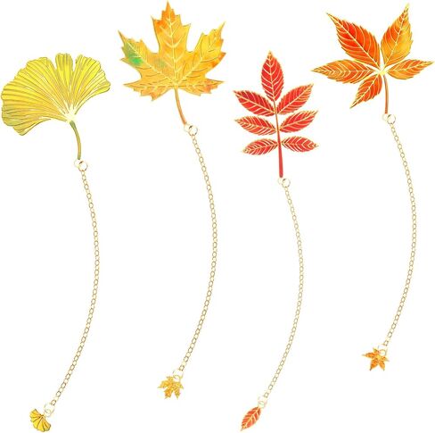 4 PCS Fall Bookmark, Metal Fall Book Marks for Reading Women, Plant Gifts Gold Fallen Leaves Plant Book Marks with Chain for Books Lovers Readers Writers Women Men in Kuwait