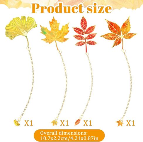 4 PCS Fall Bookmark, Metal Fall Book Marks for Reading Women, Plant Gifts Gold Fallen Leaves Plant Book Marks with Chain for Books Lovers Readers Writers Women Men in Kuwait