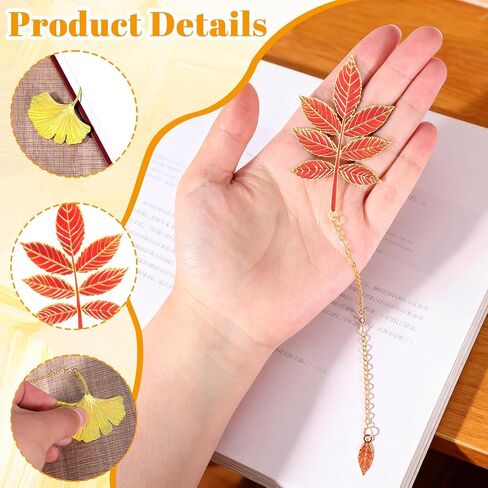 4 PCS Fall Bookmark, Metal Fall Book Marks for Reading Women, Plant Gifts Gold Fallen Leaves Plant Book Marks with Chain for Books Lovers Readers Writers Women Men in Kuwait