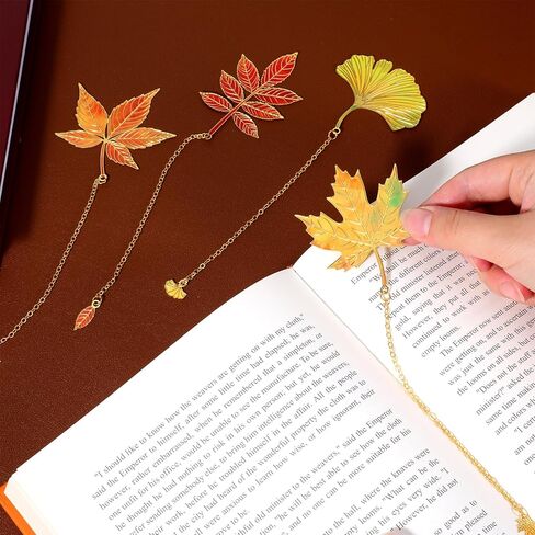 4 PCS Fall Bookmark, Metal Fall Book Marks for Reading Women, Plant Gifts Gold Fallen Leaves Plant Book Marks with Chain for Books Lovers Readers Writers Women Men in Kuwait