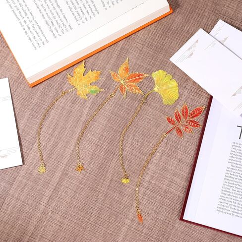 4 PCS Fall Bookmark, Metal Fall Book Marks for Reading Women, Plant Gifts Gold Fallen Leaves Plant Book Marks with Chain for Books Lovers Readers Writers Women Men in Kuwait