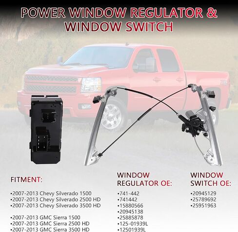 Front Left Driver Side Power Window Regulator with Motor & Power Master Window Switch Compatible for 2007-2013 Chevy Silverado/GMC Sierra 1500 2500HD 3500HD, Replace 741-442 & 20945129 in Saudi Arabia