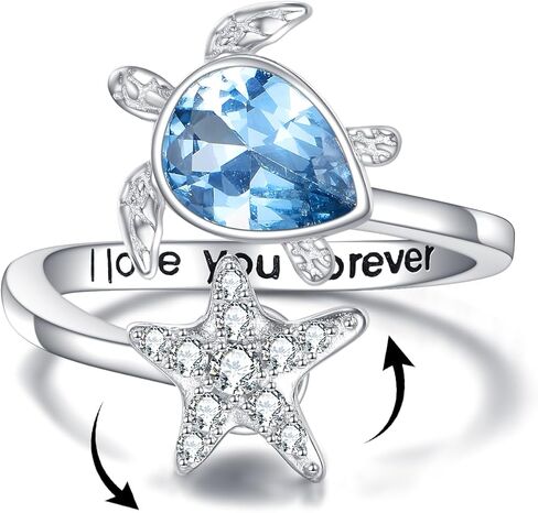 Sea Turtle Ring for Women 925 Sterling Silver Rotating starfish Rings I Love You Forever Cute Ocean Tortoise Ring Jewelry Mother Day Christmas Gifts in Saudi Arabia