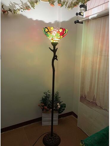 Bieye L10768 Grape Tiffany Style Stained Glass Torchiere Floor Lamp with 14 inches Lampshade, Bird on Branch Base, 70.5 inches Tall in Saudi Arabia