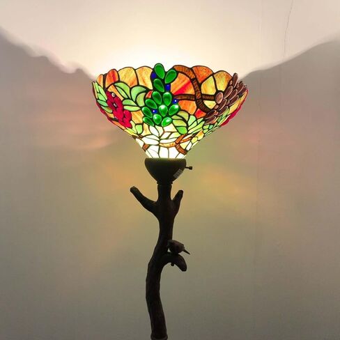 Bieye L10768 Grape Tiffany Style Stained Glass Torchiere Floor Lamp with 14 inches Lampshade, Bird on Branch Base, 70.5 inches Tall in Saudi Arabia