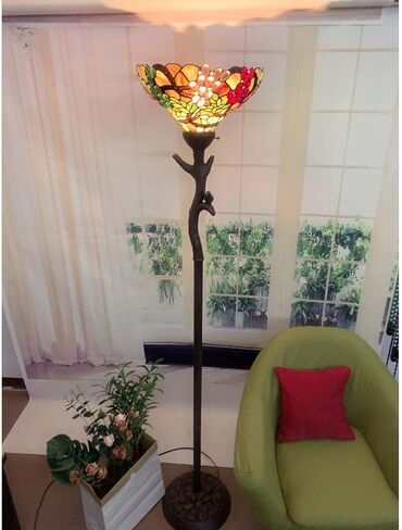 Bieye L10768 Grape Tiffany Style Stained Glass Torchiere Floor Lamp with 14 inches Lampshade, Bird on Branch Base, 70.5 inches Tall in Saudi Arabia