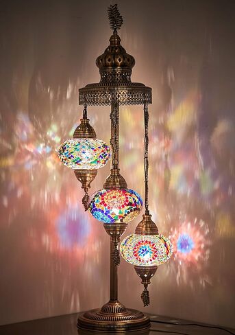 DEMMEX Turkish Moroccan Mosaic Floor & Table Lamp – Handmade Boho Tiffany-Style Light with 3 Large 7" Globes, Artisan Decor, 37" (95cm) Tall, Antique Brass Finish, North American Use (Customizable) in Kuwait