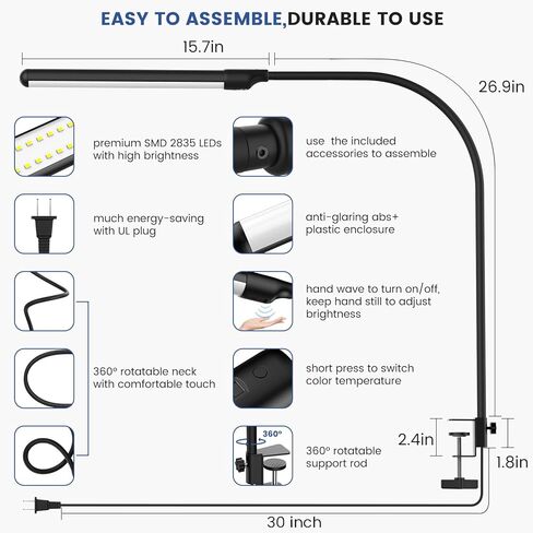 MYPLUS LED Desk lamp with Clamp, Hand Wave Control 5 Color and 10 Level Dimmable LED Clip on Lamp, Bright Table Lights for Home Office,Reading,Desktop Working - White in Saudi Arabia