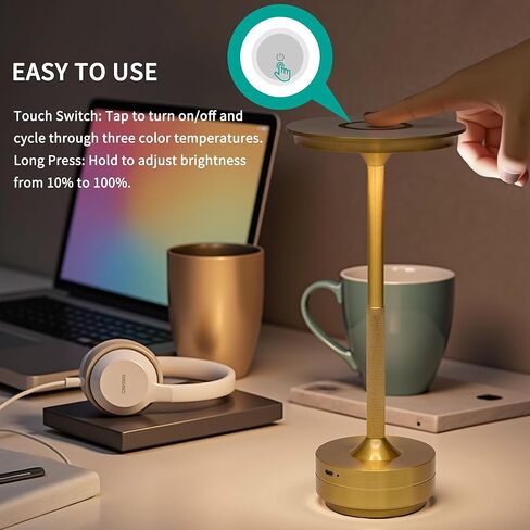 مصباح مكتب LED مصقول باللون الذهبي مع تحكم باللمس، 3 أوضاع للألوان، قابل للتعتيم، بطارية مدمجة بقدرة 5200 مللي أمبير في الساعة، إضاءة خالية من الوميض صديقة للعين، USB من النوع C، قاعدة غير قابلة للانزلاق in Kuwait