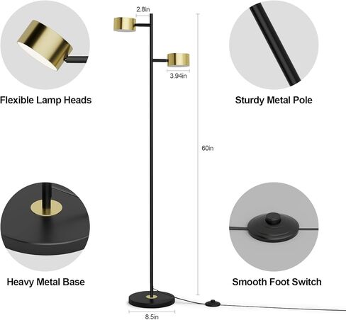 مصباح أرضي LED مع 3 درجات حرارة ألوان، رؤوس مرنة ومفتاح قدم، مصباح قراءة قائم قابل للتعديل للمكتب وغرفة النوم وغرفة المعيشة in Kuwait