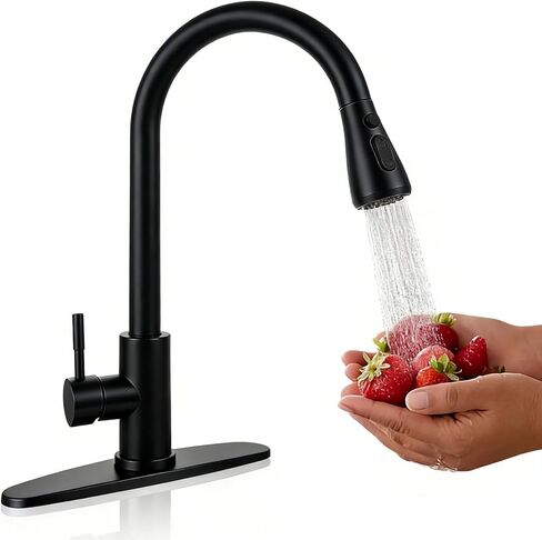 Matte Black Kitchen Sink Faucet with Pull Down Spray RV Stainless Steel Kitchen Faucet Pull Out Extension Utility Farmhouse Faucets for Sink 1 Hole Rent Apartment Dorm Single Handle in Kuwait