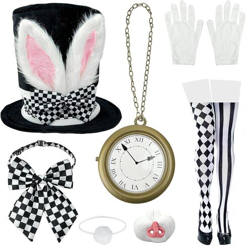 7 PCS White Rabbit Costume Set Adult Easter Bunny Costume Easter Bunny Accessory with Top Hat, Oversized Clock, Bunny Nose and Tail, Mad Hatter Dress Up for Halloween in Saudi Arabia