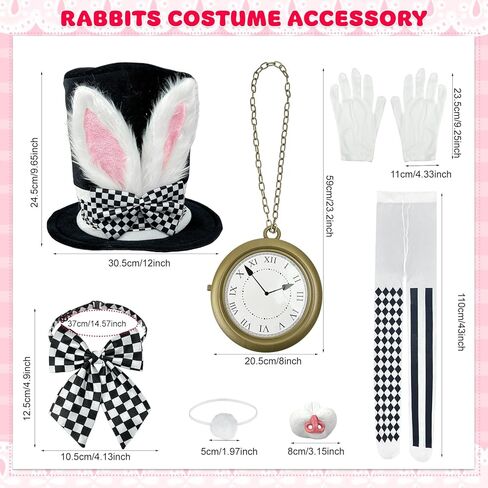 7 PCS White Rabbit Costume Set Adult Easter Bunny Costume Easter Bunny Accessory with Top Hat, Oversized Clock, Bunny Nose and Tail, Mad Hatter Dress Up for Halloween in Saudi Arabia