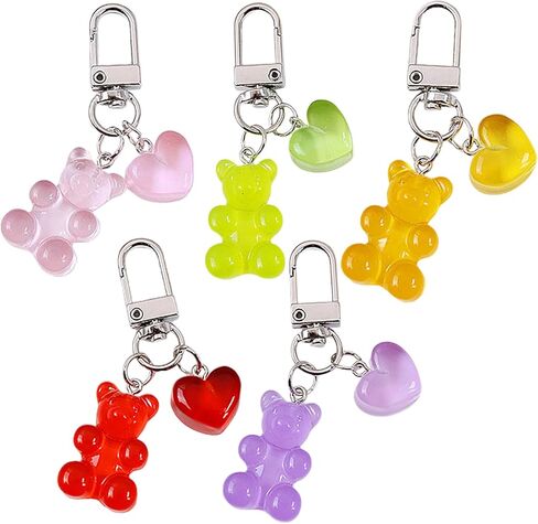 Tizee 5-Pack Colorful Gummy Bear Keychain with Heart Pendant - Creative Bag Charm for Car Keys, Cellphones, Backpacks, Resin Animal Shaped Decor Accessory in Kuwait