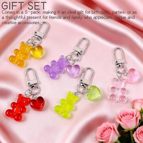 Tizee 5-Pack Colorful Gummy Bear Keychain with Heart Pendant - Creative Bag Charm for Car Keys, Cellphones, Backpacks, Resin Animal Shaped Decor Accessory in Kuwait