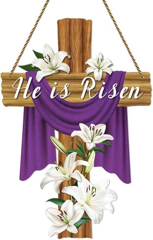 He Is Risen Door Decorations 13.8"x9" Easter Religious Cross Sign Easter Christian Lily Flowers Decor Jesus Door Hanger Wreath for Front Door Home Porch Wall Spring Party Decorations in Saudi Arabia
