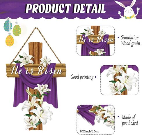 He Is Risen Door Decorations 13.8"x9" Easter Religious Cross Sign Easter Christian Lily Flowers Decor Jesus Door Hanger Wreath for Front Door Home Porch Wall Spring Party Decorations in Saudi Arabia