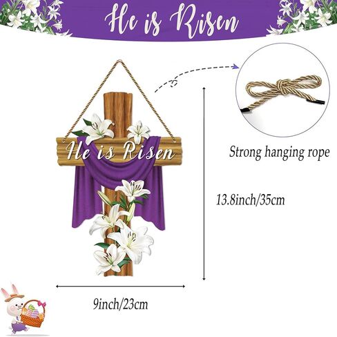 He Is Risen Door Decorations 13.8"x9" Easter Religious Cross Sign Easter Christian Lily Flowers Decor Jesus Door Hanger Wreath for Front Door Home Porch Wall Spring Party Decorations in Saudi Arabia