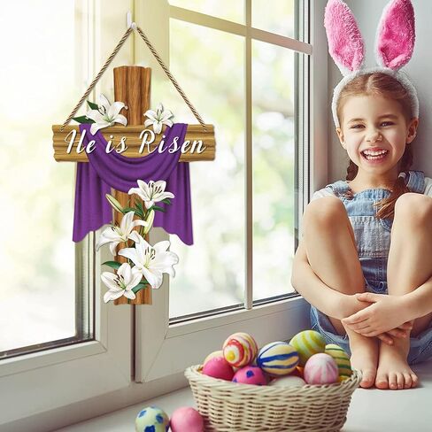 He Is Risen Door Decorations 13.8"x9" Easter Religious Cross Sign Easter Christian Lily Flowers Decor Jesus Door Hanger Wreath for Front Door Home Porch Wall Spring Party Decorations in Saudi Arabia