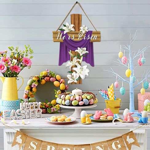He Is Risen Door Decorations 13.8"x9" Easter Religious Cross Sign Easter Christian Lily Flowers Decor Jesus Door Hanger Wreath for Front Door Home Porch Wall Spring Party Decorations in Saudi Arabia