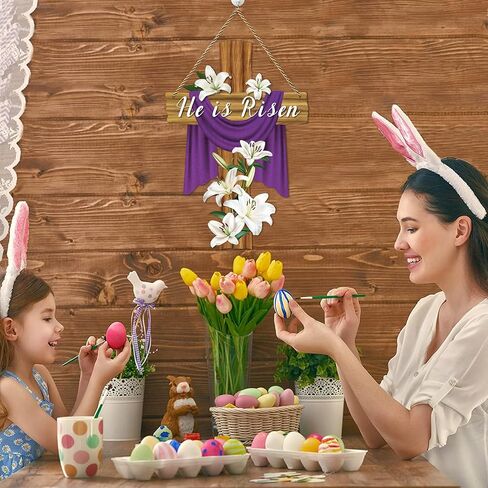 He Is Risen Door Decorations 13.8"x9" Easter Religious Cross Sign Easter Christian Lily Flowers Decor Jesus Door Hanger Wreath for Front Door Home Porch Wall Spring Party Decorations in Saudi Arabia