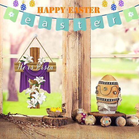He Is Risen Door Decorations 13.8"x9" Easter Religious Cross Sign Easter Christian Lily Flowers Decor Jesus Door Hanger Wreath for Front Door Home Porch Wall Spring Party Decorations in Saudi Arabia