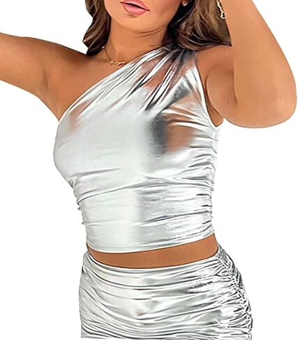 One Shoulder Metallic Crop Top Shiny Ruched Sleeveless Asymmetric Tank Tops Cut Out Sparkling Tee Shirt for Women Clubwear in Saudi Arabia