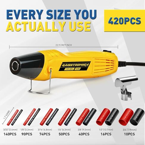 haisstronica 420PCS Heat Shrink Tubing Kit, 3:1 Adhesive Lined Heat Shrink Tube with 350W Mini Heat Gun, Waterproof Insulated Shrink Wrap for Automotive Marine Wiring Repair in Saudi Arabia