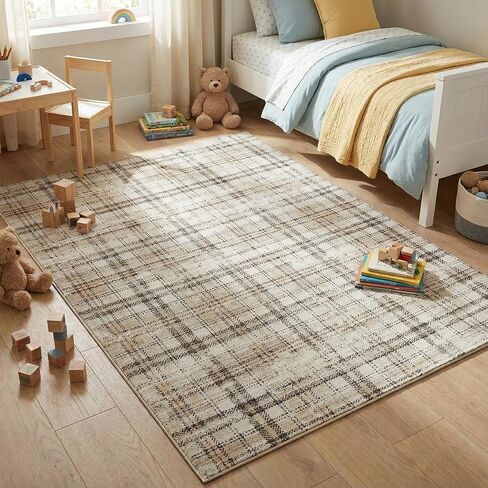 سجادة منطقة منقوشة حديثة 5 × 7 سجاد قابل للغسل لغرفة المعيشة غير قابل للانزلاق كومة منخفضة غير تساقط السجاد ناعم ورقيق محايد داخلي قابل للطي سجاد مربعات لغرفة النوم والحضانة والمكتب والنوم باللون البيج in Saudi Arabia