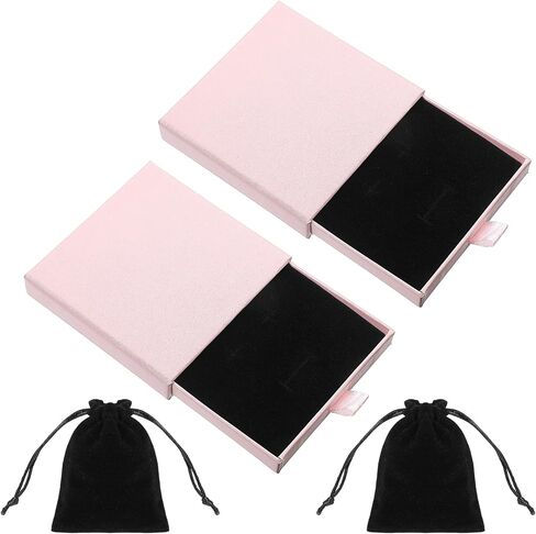 2PCS Small Jewelry Gift Box with 2 Black Velvet Bag, Cardboard Jewelry Boxes for Bracelets Necklaces Earrings Birthday Christmas Jewelery Gift Wrapping, 3.54x3.54x0.71in (Pink) in Saudi Arabia