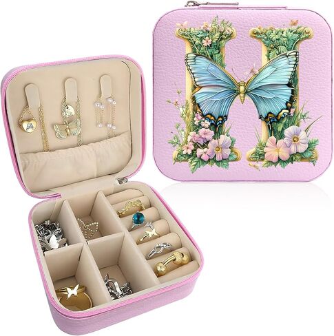 Monogram Jewelry Box Portable Print Jewelry Box, Pink Compact Jewelry Box Travel Jewelry Case Travel Case Organizer Bag Storage Box Jewelry Holder For Necklace Earrings Rings Bracelet (Letter H) in Saudi Arabia