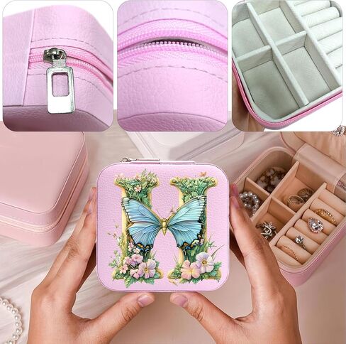 Monogram Jewelry Box Portable Print Jewelry Box, Pink Compact Jewelry Box Travel Jewelry Case Travel Case Organizer Bag Storage Box Jewelry Holder For Necklace Earrings Rings Bracelet (Letter H) in Saudi Arabia