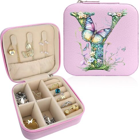 Monogram Jewelry Box Portable Print Jewelry Box, Pink Compact Jewelry Box Travel Jewelry Case Travel Case Organizer Bag Storage Box Jewelry Holder For Necklace Earrings Rings Bracelet (Letter Y) in Saudi Arabia