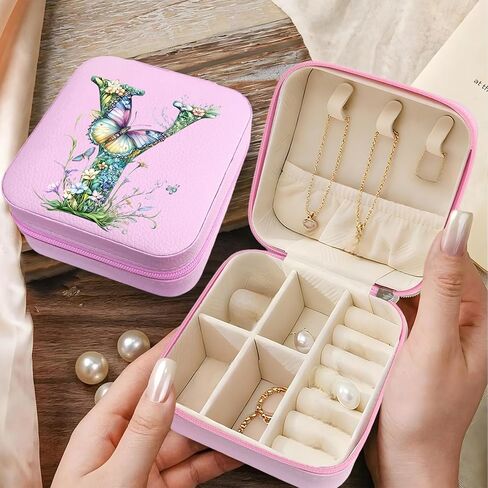 Monogram Jewelry Box Portable Print Jewelry Box, Pink Compact Jewelry Box Travel Jewelry Case Travel Case Organizer Bag Storage Box Jewelry Holder For Necklace Earrings Rings Bracelet (Letter Y) in Saudi Arabia