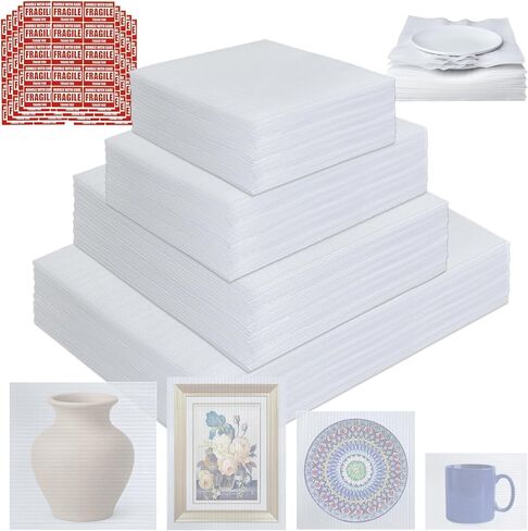 350 Pcs Dish Packing Supplies for Moving, 250 Cushion Foam Pouches(4 Sizes 16x12'',12x12'',12x8'',8x8'') and Foam Sheets(12x12'') with 100 Fragile Stickers for Packing,Storage,Shipping in Kuwait
