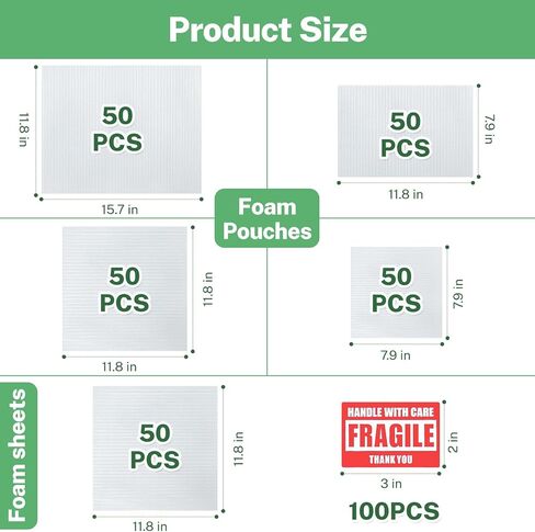 350 Pcs Dish Packing Supplies for Moving, 250 Cushion Foam Pouches(4 Sizes 16x12'',12x12'',12x8'',8x8'') and Foam Sheets(12x12'') with 100 Fragile Stickers for Packing,Storage,Shipping in Kuwait