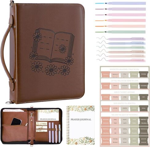 AKONEGE Bible Cover Case for Women - PU Leather Bible Bags Bible Study Supplies Accessories, Prayer Journal, Pens, Tabs, Carrying Case with Handle & Shoulder Strap for Christian Journaling Kit, Brown in Saudi Arabia