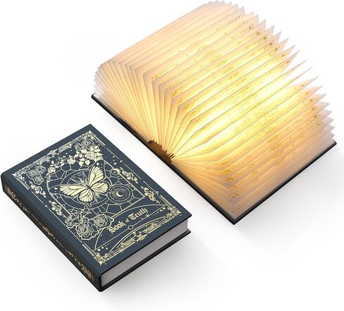 ضوء كتاب ماجيك تروث - مصباح كتاب LED قابل لإعادة الشحن لديكور المنزل، هدية مثالية لعيد الميلاد ودودة الكتب مع غطاء منقوش من رقائق الذهب، ضوء أبيض دافئ للترفيه والاسترخاء (أسود) in Kuwait