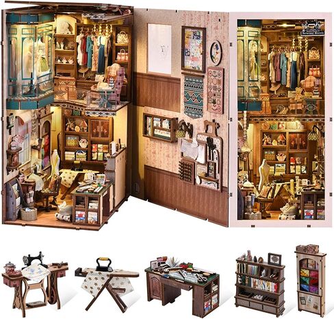 Book Nook Kit, LED 3D Wooden Puzzle with Dust Cover, 460 Wooden Pieces, DIY Bookshelf Insert Decor Gifts for Book Lovers (Sewing Room) in Saudi Arabia
