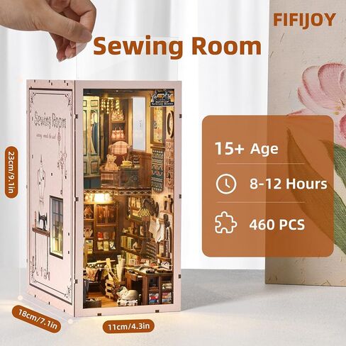 Book Nook Kit, LED 3D Wooden Puzzle with Dust Cover, 460 Wooden Pieces, DIY Bookshelf Insert Decor Gifts for Book Lovers (Sewing Room) in Saudi Arabia