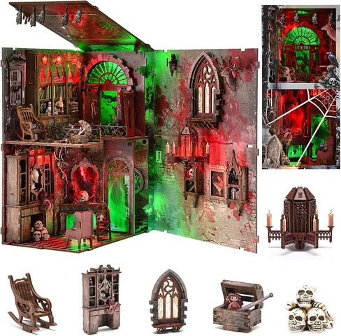 Book Nook Kit, LED 3D Wooden Puzzle with Dust Cover, 460 Wooden Pieces, DIY Bookshelf Insert Decor Gifts for Book Lovers (Sewing Room) in Kuwait