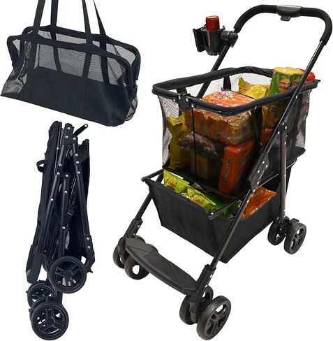 Folding Grocery Cart - 80LBS Heavy Duty Shopping Cart with Detachable Basket & Cup Holder, Collapsible Utility Trolley for Laundry, Outdoor Picnic, Dual-Layer Compact Foldable Cart in Saudi Arabia